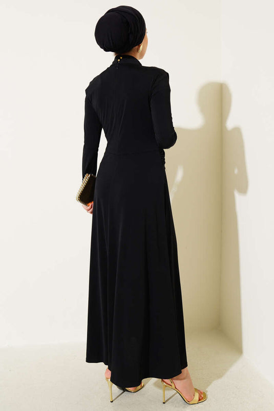 Black Evening Dress with Waist Buckle Detail