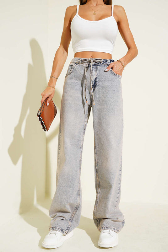 Drawstring Waistband Denim Jeans, Coffee Tint