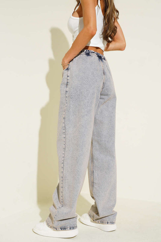 Drawstring Waistband Denim Jeans, Coffee Tint