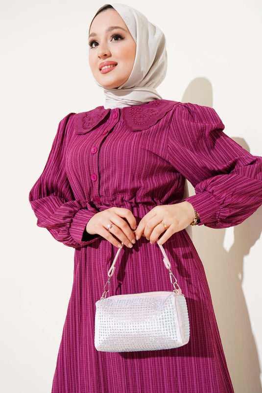 Bel Tünelli Bebe Yaka Elbise Mor