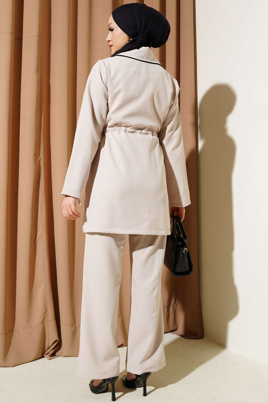 Beige Double Set with Beautiful Tunnel and Detailed Edging