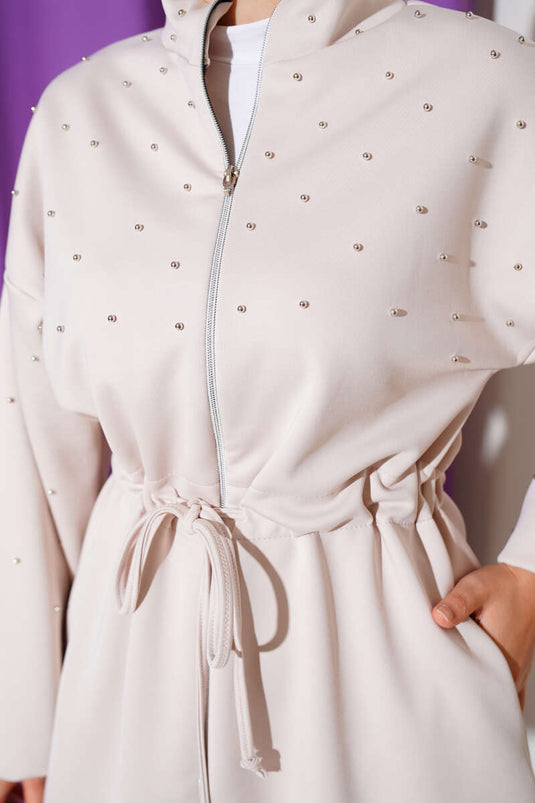 Ensemble deux pièces en néoprène perlé à la taille et tunnel beige