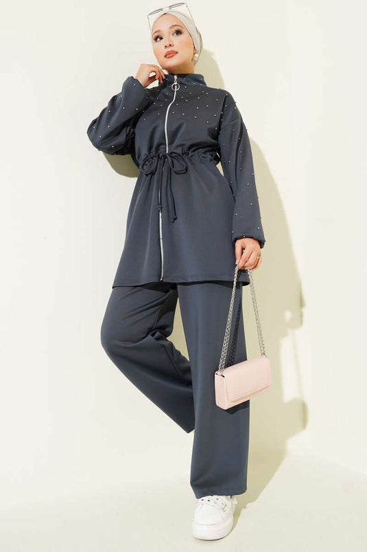 Zweiteiliges Set aus Scuba-Tunnel mit Perlen in der Taille, Rauch