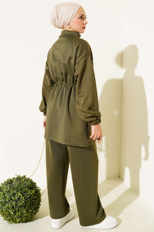 Waist Tunnel Beaded Scuba Two Piece Suit Khaki