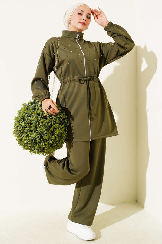 Waist Tunnel Beaded Scuba Two Piece Suit Khaki