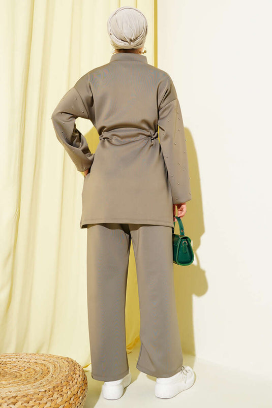 Waist Tunnel Beaded Scuba Two Piece Set Mink