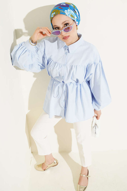 Shirt with Waist Tunnel and Gathered Detail in Ice Blue