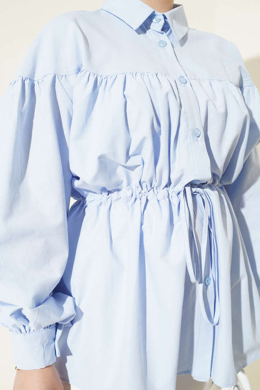 Shirt with Waist Tunnel and Gathered Detail in Ice Blue