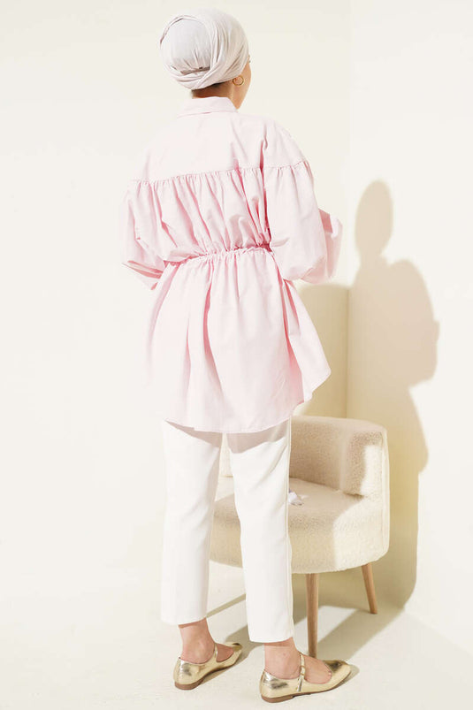 Bel Tünelli Büzgü Detaylı Gömlek Pembe