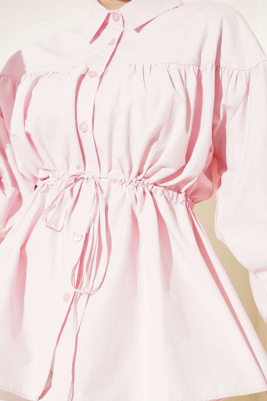 Bel Tünelli Büzgü Detaylı Gömlek Pembe