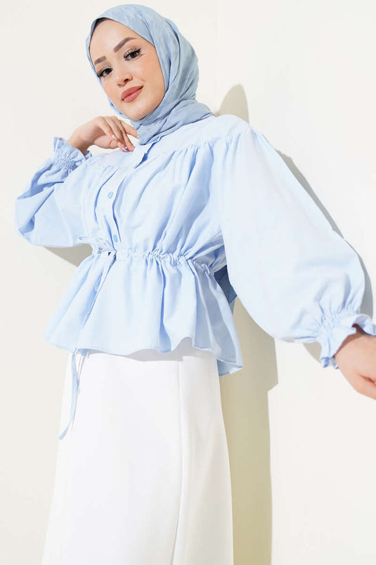 Short Shirt with Belt Tunnel and Gathered Detail Ice Blue