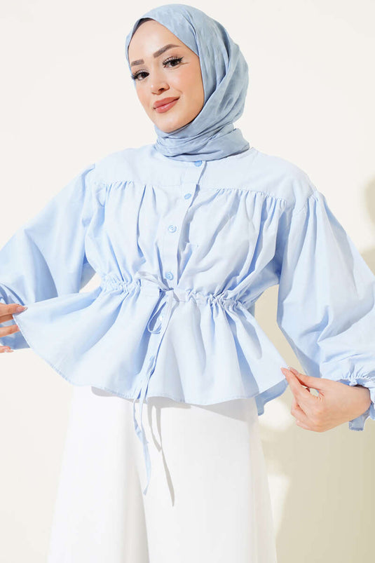 Bel Tünelli Buzblauwe Korte Blouse met Tunnelkoord