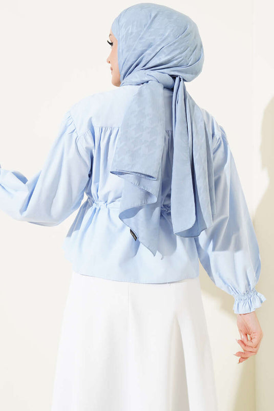 Bel Tünelli Buzblauwe Korte Blouse met Tunnelkoord