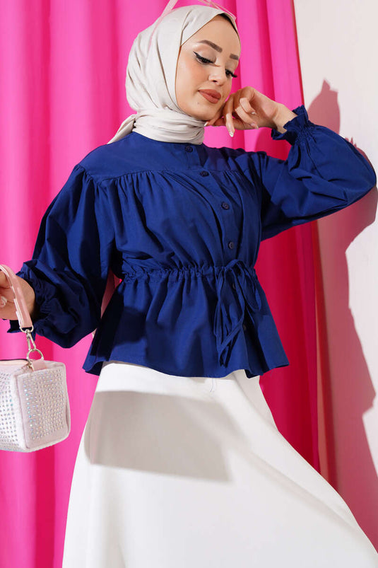 Belted Tunnel Gathered Short Shirt Navy Blue