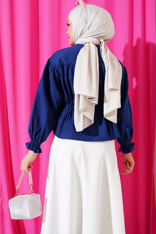 Belted Tunnel Gathered Short Shirt Navy Blue