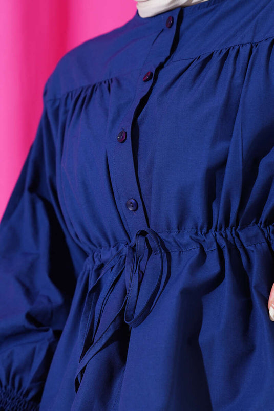 Belted Tunnel Gathered Short Shirt Navy Blue