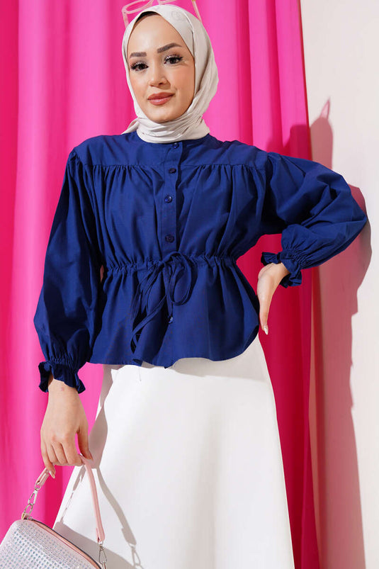 Belted Tunnel Gathered Short Shirt Navy Blue