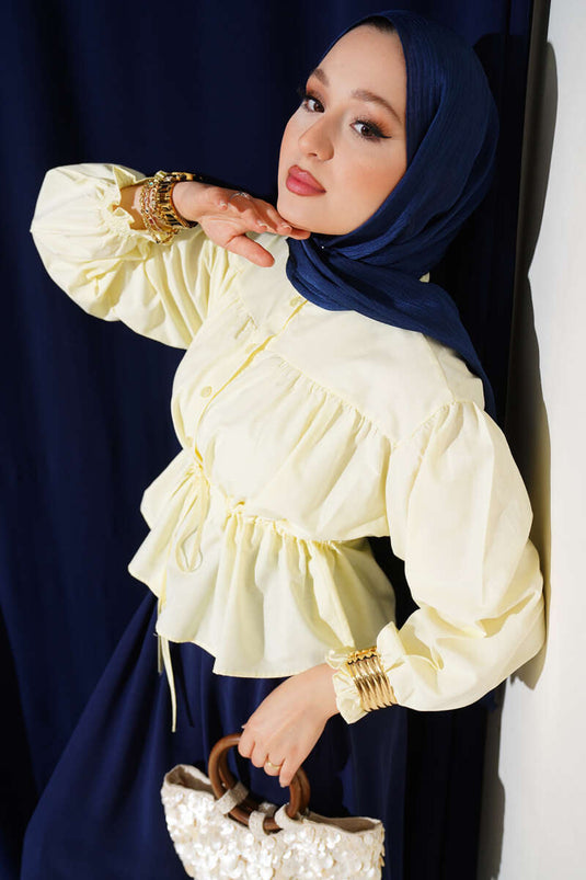 Bel Tünelli Büzgülü Kısa Gömlek Sarı