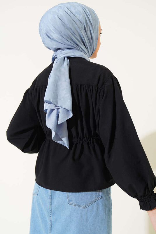 Bel Tünelli Büzgülü Korte Blouse Zwart