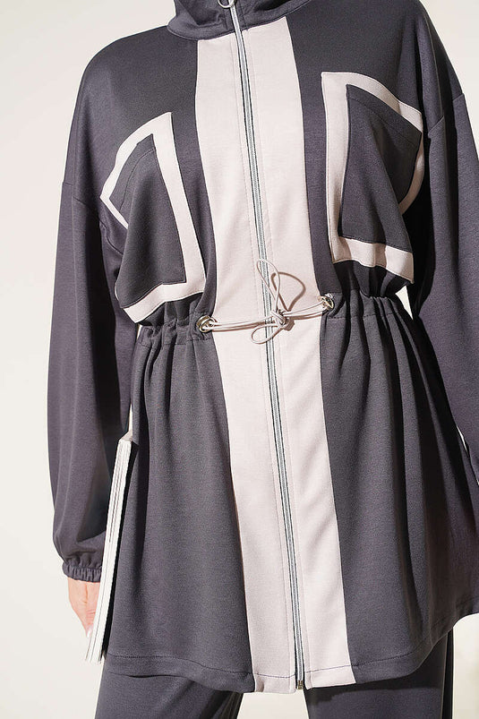 Belted Pocket Knit Two-Piece Set In Smoke Grey