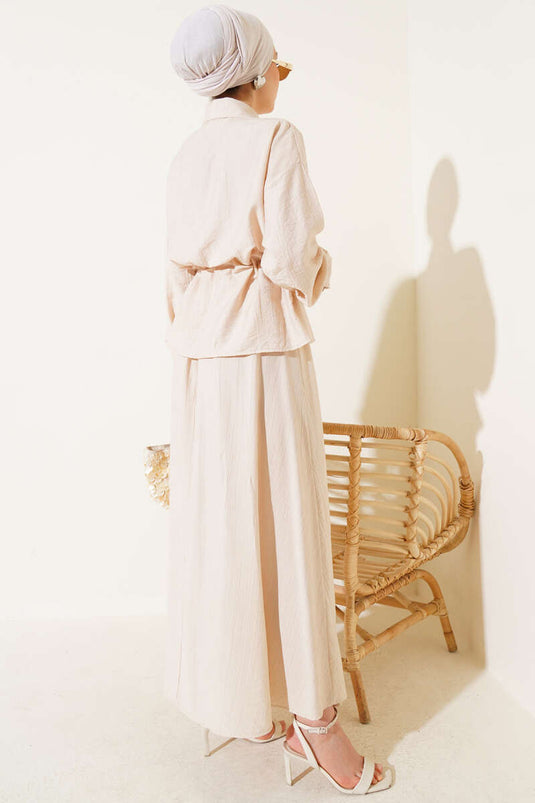 Bel Tünelli Cep Kapaklı Etekli İkili Takım Bej