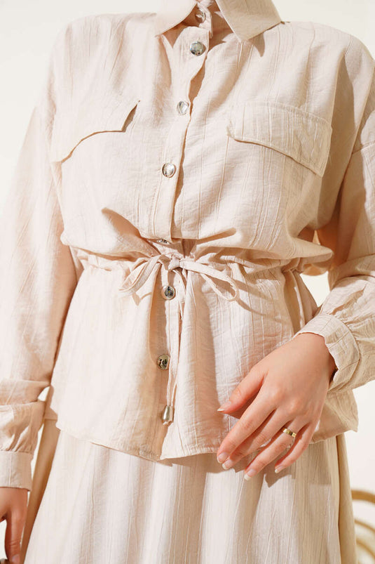 Bel Tünelli Cep Kapaklı Etekli İkili Takım Bej