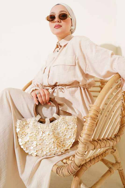 Bel Tünelli Cep Kapaklı Etekli İkili Takım Bej