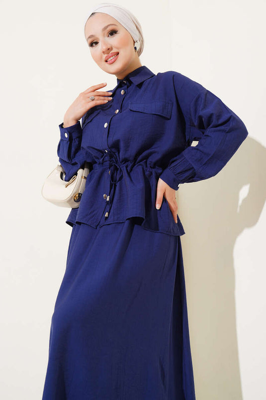 Bel Tünelli Cep Kapaklı Etekli İkili Takım Lacivert