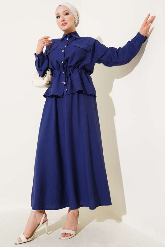 Bel Tünelli Cep Kapaklı Etekli İkili Takım Lacivert