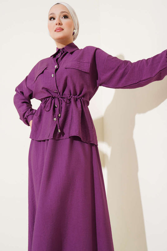 Bel Tünelli Cep Kapaklı Etekli İkili Takım Mor