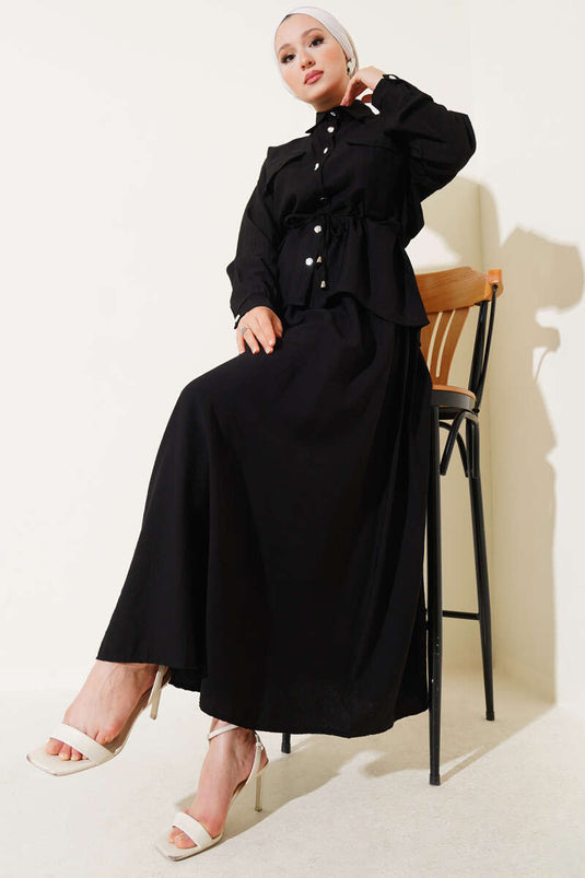 Bel Tünelli Cep Kapaklı Etekli İkili Takım Siyah