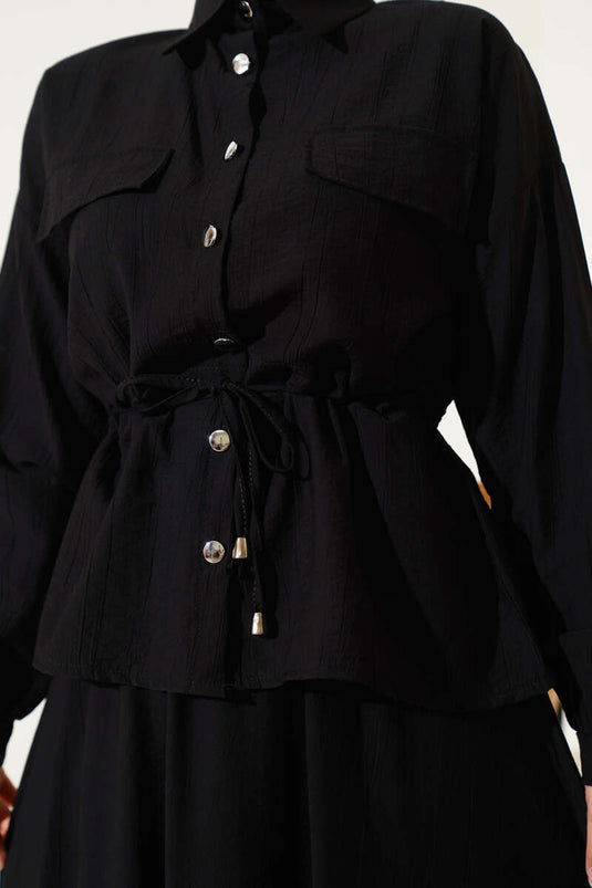 Bel Tünelli Cep Kapaklı Etekli İkili Takım Siyah