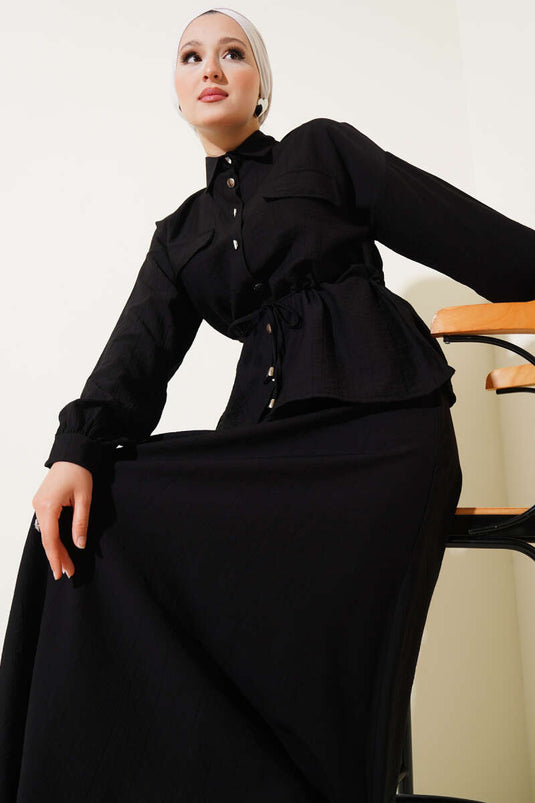 Bel Tünelli Cep Kapaklı Etekli İkili Takım Siyah