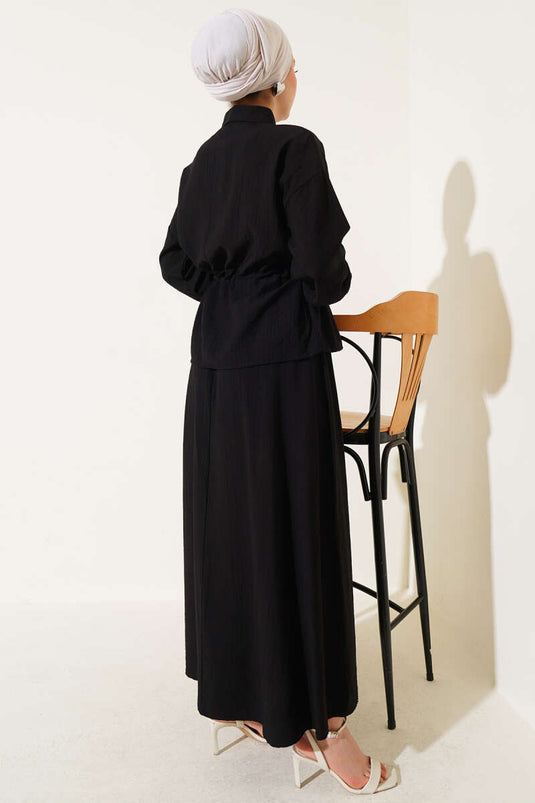 Bel Tünelli Cep Kapaklı Etekli İkili Takım Siyah