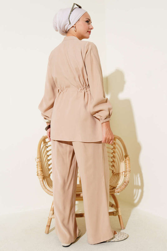 Waist Tunnel Pocket Cover Tencel Two Piece Set Latte