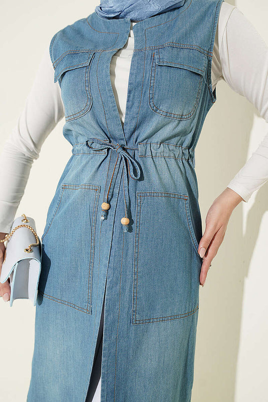 Hellblauer Jeansweste Mit Taschen Und Tunnel