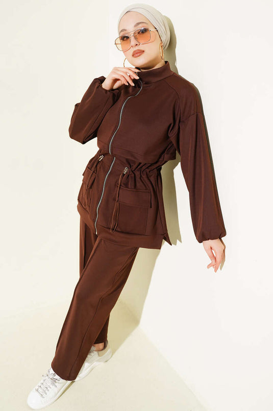 Ensemble double en scuba avec poches et col en tunnel Bel, couleur marron