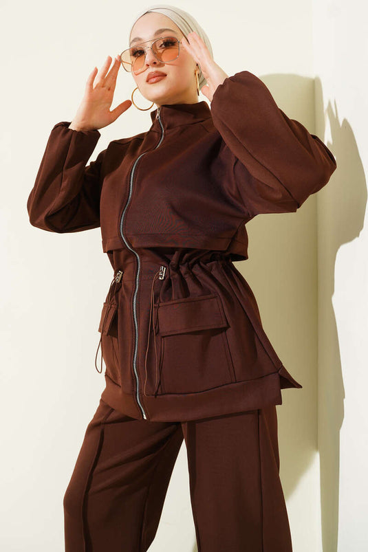 Ensemble double en scuba avec poches et col en tunnel Bel, couleur marron