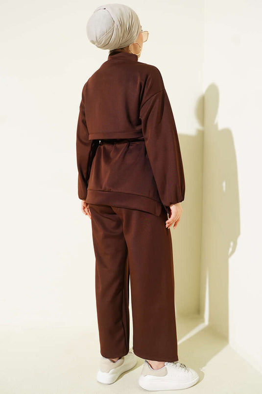 Ensemble double en scuba avec poches et col en tunnel Bel, couleur marron