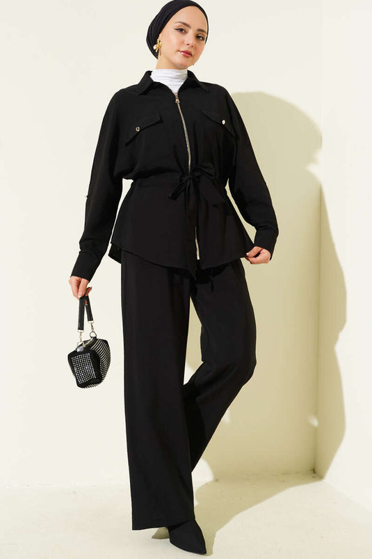 طقم من قطعتين مع حزام خصر وجيبين مزدوجين، أسود