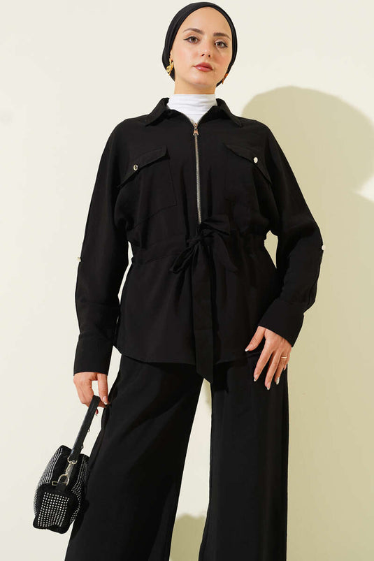 طقم من قطعتين مع حزام خصر وجيبين مزدوجين، أسود