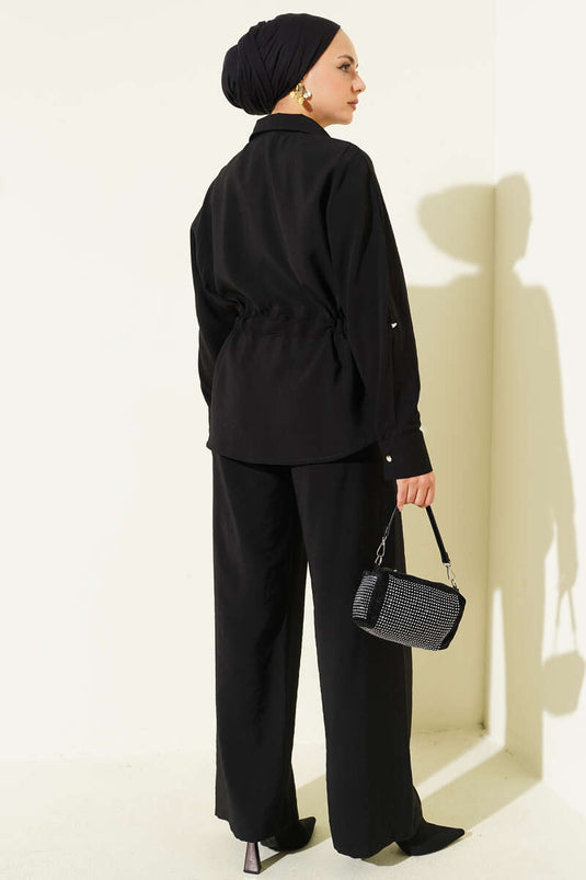 طقم من قطعتين مع حزام خصر وجيبين مزدوجين، أسود