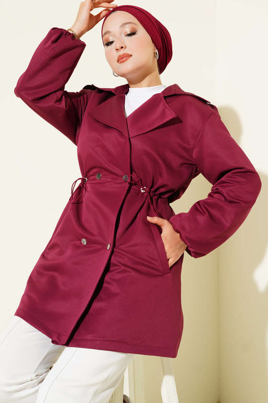 Tunnel Waist Snap Button Trench Coat Burgundy