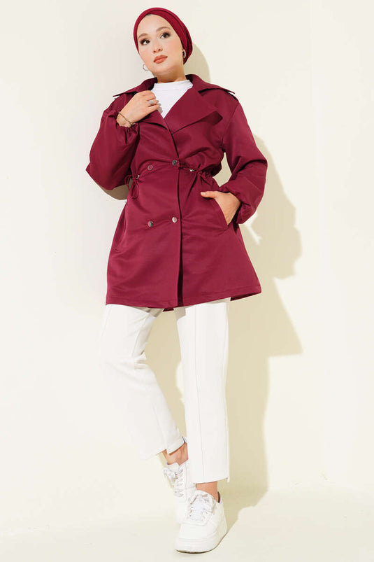 Tunnel Waist Snap Button Trench Coat Burgundy