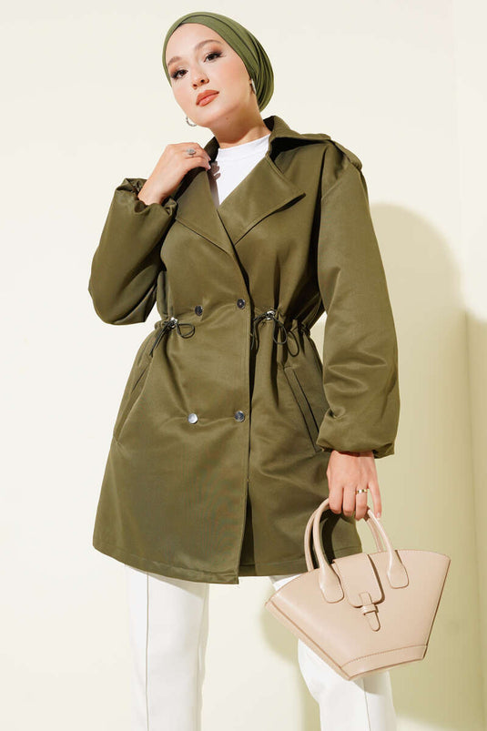 Waist Tunnel Snap Button Trench Coat Khaki