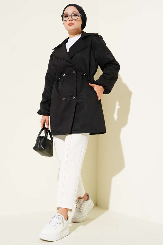 Waist Tunnel Snap Button Trench Coat Black