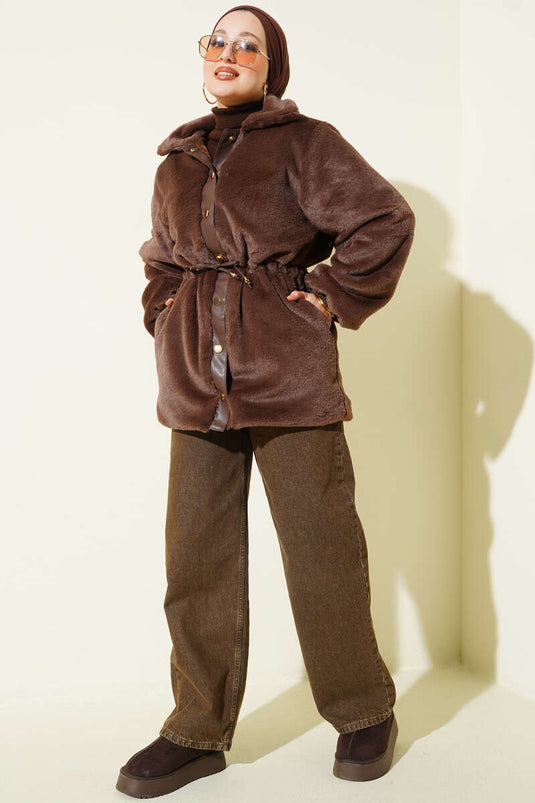 Bel Tünelli Çıtçıtlı Peluş Ceket Kahve