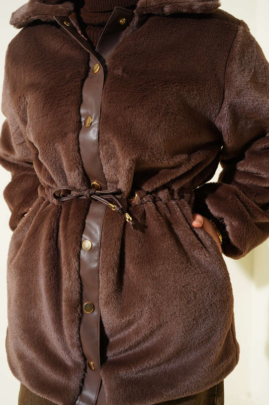 Bel Tünelli Çıtçıtlı Peluş Ceket Kahve