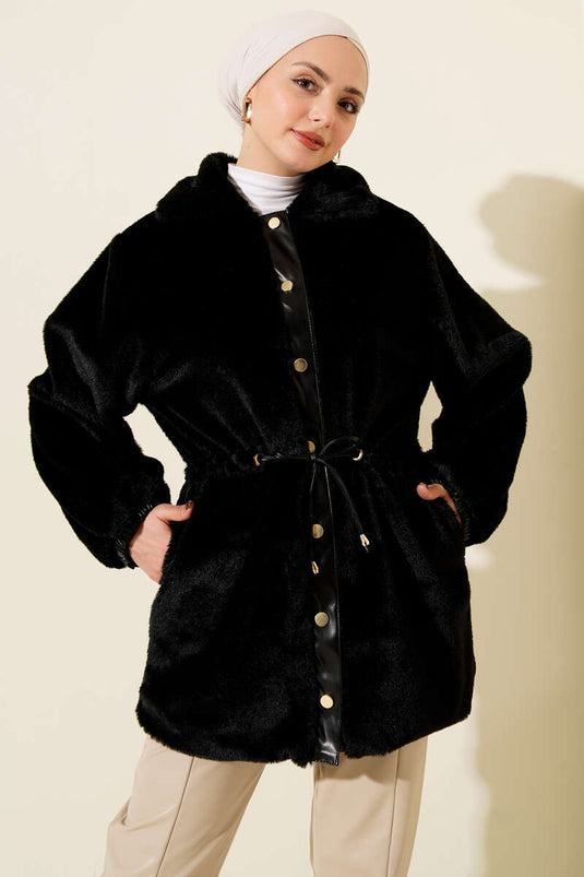 Bel Tünelli Çıtçıtlı Peluş Ceket Siyah