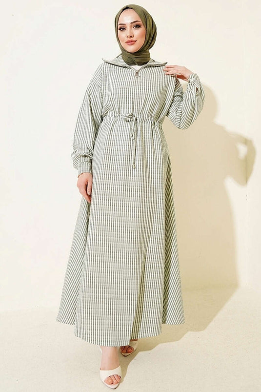 Belted Striped Crinkle Dress Khaki